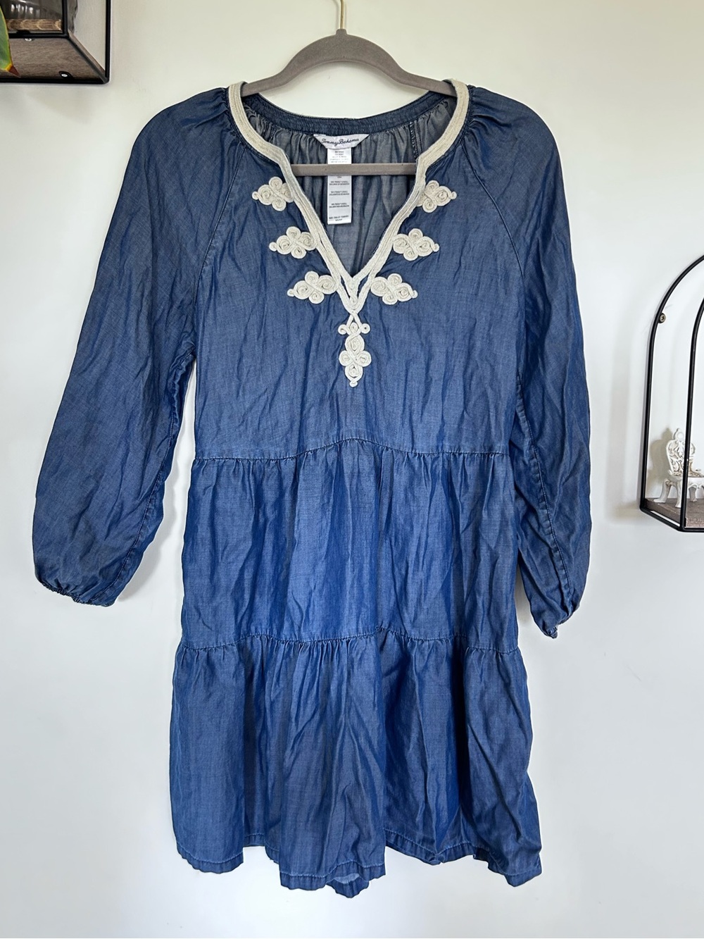 Tommy Bahama 100% Tencel Blue Cream Embroidered V Neck Long Sleeve Mini Dress XS